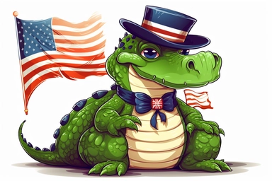 Cute American alligator in st partick's Day clipart, cartoon, white background,