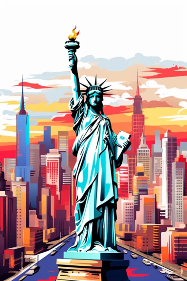 Great New York View, vibrant colors, cartoon style, white background, clipart, 2D, colorful, HD