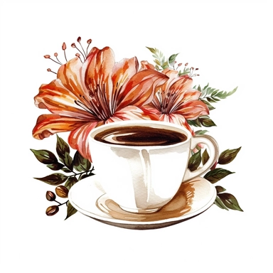 filter cafe for french coffee, cup of coffee, flower digital clipart on white background