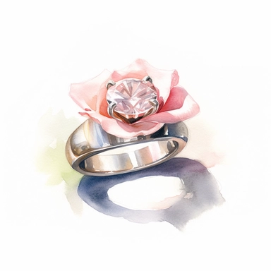 a pastel pink colored wedding ring. single diamond as the centerpiece, held securely in place by a prong setting with soft pink roses, a romantic mood watercolor impressionist shadow gradation, watercolor 8k ultra detail with white background high sharpness ultra detail, for clip art