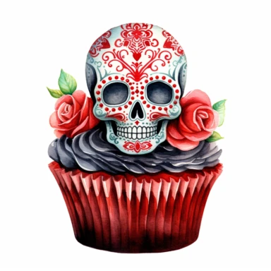black cupcake with red icing and an icing sugar skull sat on top, watercolour illustration clipart, extremely detailed, 4k, high quality, isolated on white background watercolour