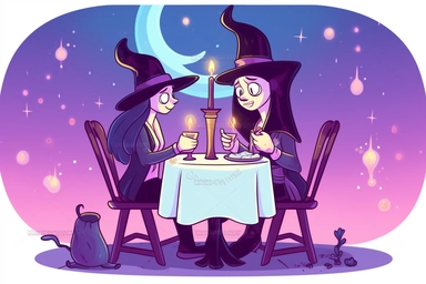 Cute Wizard on a magical candlelight dinner date with Cute Witch Clipart, on white background, spaced out, RGB, Romantic, Wizardcore, Witchcore, Multiverse, Ultra HD, hyperdetailled