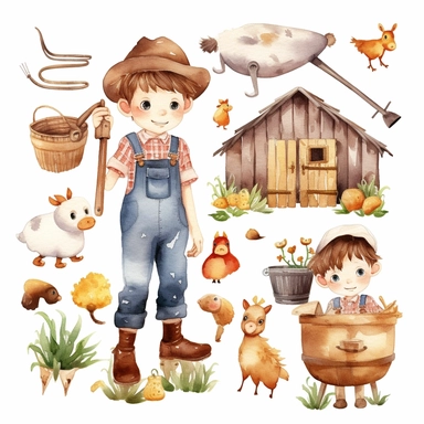 watercolor farm adorable boy clipart white background