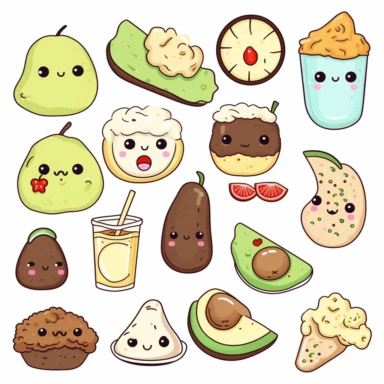 Kawaii Chinese dumplings, cookies and milk, ice cream, avocados, tacos, nutella and toast clipart, White background