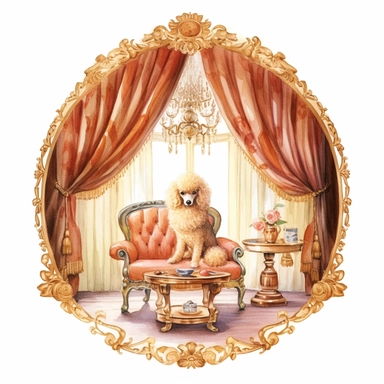 watercolor, clipart, white background, A regal poodle, its luscious curly fur shimmering in shades of cream and apricot, adorned with a dainty satin bow on its collar, sitting on a velvet cushion, surrounded by an opulent Victorian-style living room filled with ornate furniture, plush velvet drapes, and gilded frames displaying elaborate oil paintings, evoking an atmosphere of aristocratic elegance and refinement, Painting, watercolor on textured paper, capturing the softness and grace of the po