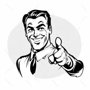 a egocentric man with happy face , in style of 1950`s , pointing and looking to the camera, black and white clipart
