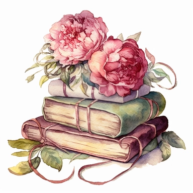 watercolor clipart of beautiful pastel old pile of books wrapped with cord and pale burgandy pivoine ornament, vintage style