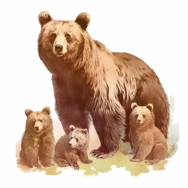 brown bear with cubs, vintage clipart, in vibrant color, isolated white background, 8k