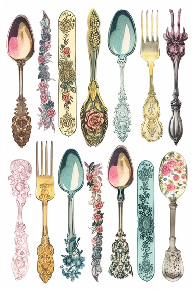 Vintage 1970 Victorian Cutlery Illustration, Chromolithograph, , 1970s Illustration, Vintage, Colorful, Antique, Ephemera, Clipart, 8k, Isolated on white