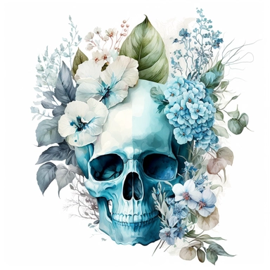White skull, floral, hydrangea, hibiscus, roses, flowers, Clipart, watercolors, pastel blue, white background