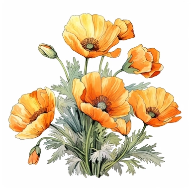 California Poppy (Eschscholzia californica): Draw a cluster of these cup-shaped flowers with their delicate, wavy petals. Remember, the petals are a vibrant orange. Pencil and line art in natural colors Clipart, white background.