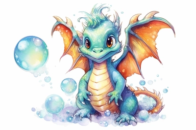 watercolor Baby dragon blowing bubbles clipart, hd, on white background