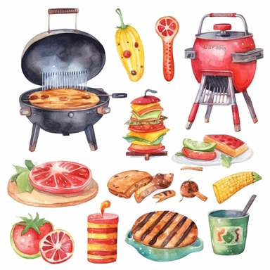colorful watercolor barbeque clipart, in the style of whimsical cartoon-style, various goods, fun, summer equipments, jcore, playful, youthful images, iso 200, manapunk, primary colors, white background