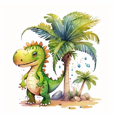 dinosaur with a palm tree, clipart, children's illustration, watercolor, cartoon style, white background, 8k,
