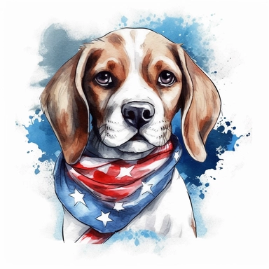watercolor clipart illustration of a beagle wearing a bandana, red white and blue, hand painted details, clean and simple designs, solid background color, spaced out