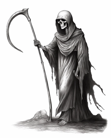 a drawing of a skeleton wielding a scythe, 1880–1950, epic fantasy scenes, witchcore, in the style of 15th century, clipart, medievalist, biblical art