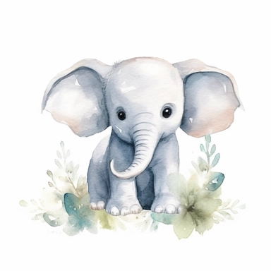 A delightful and charming watercolor clipart of an adorable baby elephant, designed for commercial use. This heartwarming composition captures the innocent charm of the African Safari Zoo animal, set against a crisp white background that accentuates its delicate watercolor textures and playful features. The baby elephant, with its gentle eyes and playful trunk, is skillfully painted in a soothing palette of grays and pastels, encapsulating the essence of nursery-themed art. The clipart emphasize