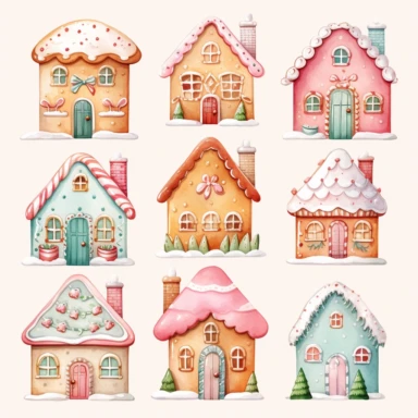 very simple watercolour childrens book style drawing of different cute gingerbread houses, pastel colours soft on white background for clipart, 8k