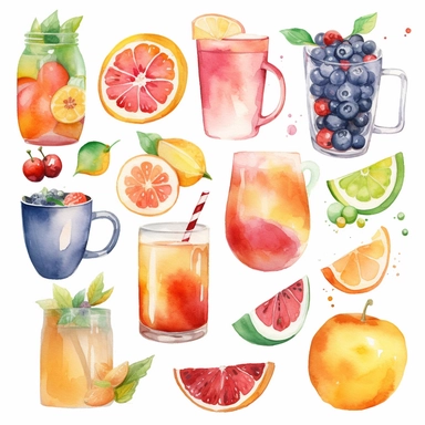 Food and Drink Watercolor Clipart: Paint watercolor fruits, vegetables, desserts, or beverages like coffee and tea, single style, white background