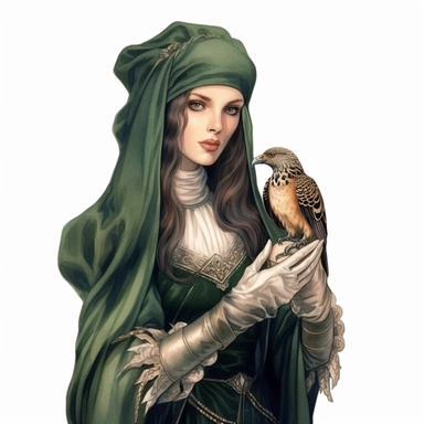 Medieval Lady holding a falcon on her gloved hand, stylish | COLOR THEME: dark green, olive green, army green, black, light pink | watercolor, clipart, hyperrealistic, white background