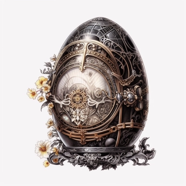 Rerolling Easter, black egg, steampunk ornamental, only one item, picnic, clipart, white background, watercolor, hyper-realistic, high detail, white background