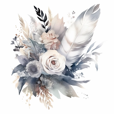 Watercolor dusty greay and white feathers bouquet clipart white background no text wedding style thick outline eligible for transparent background