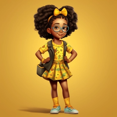 a cartoon 9 year old girl with beautiful curly black hair in two ponytails, glasses and a yellow dress with flowers, white socks and black shoes, in the style of afro-american influence, dark melanin skin tone, realistic color palette, studio portrait, bo