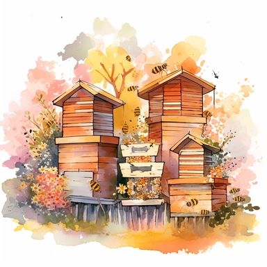 watercolor, A vibrant illustration of a garden scene with both traditional wooden beehives and modern Langstroth hives, surrounded by blooming flowers and bees actively foraging. (Digital drawing clipart, image black border color, full body, flat texture, transparent background)