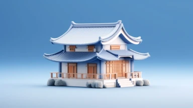 3d Japanese style house icon float with cloud isolated on blue background. real estate trading, dream house concept,, clipping path, hyper realistic, photorealistic, highly detailed,