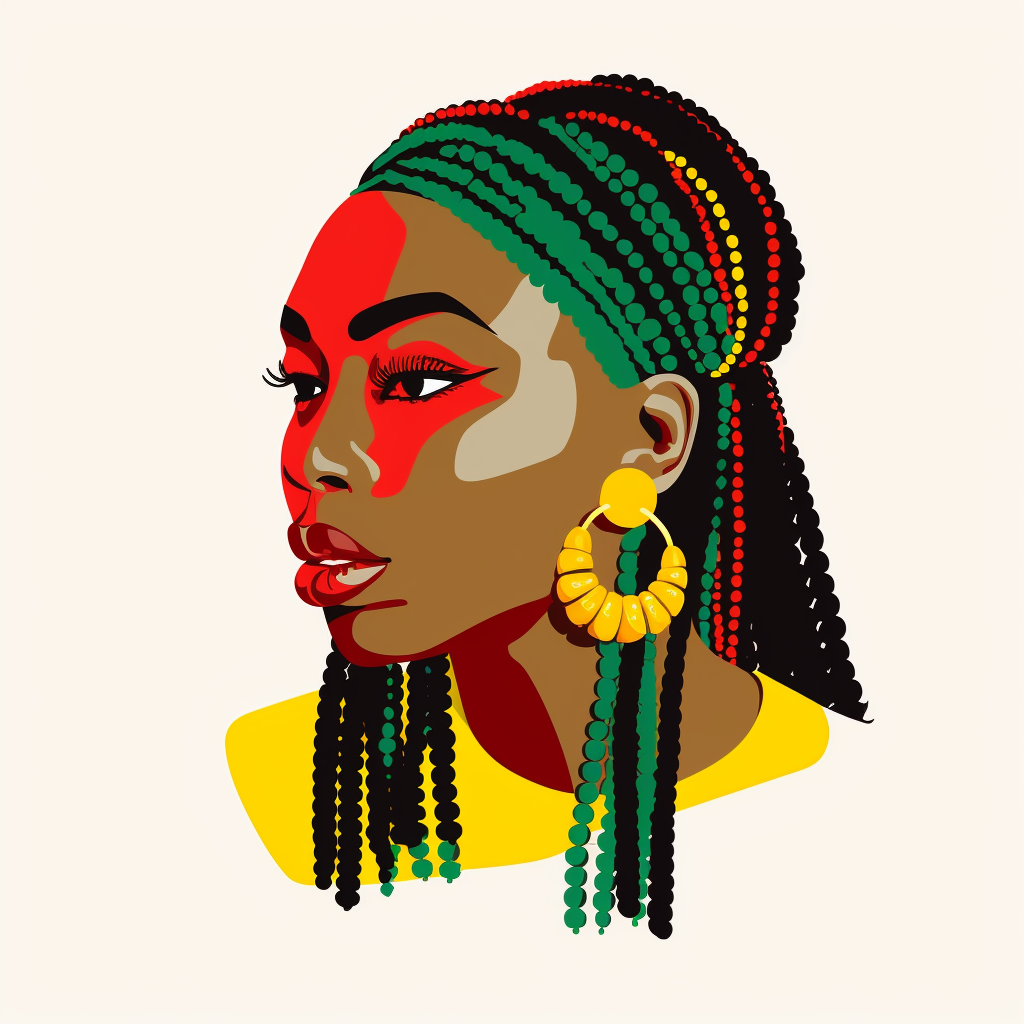 a black woman with braids and beads, green, yellow and red beads ...