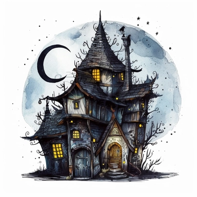 creepy witch house with crescent moon and stars clipart, fantasy, detailed, white background, illustration painting, collaged constructions, digital art, watercolor, in the style of sculptural and geometric, forced perspective drawings, Geometric brushstrokes form an intriguingly abstract, painterly figure, Pablo Picasso, Wassily Kandinsky,