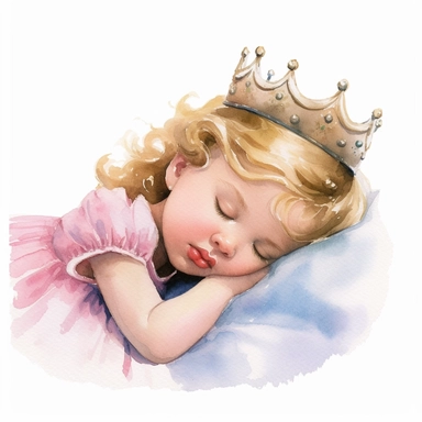 Toddler princess sleeping beauty cartoon watercolor, round face delicate her long hair sharp and detailed her outfit like the original princess, character should be well drawn with soft tones a very clear smile confident and a head lightly painted in watercolor the character is a one year old baby should be on a white background clipart