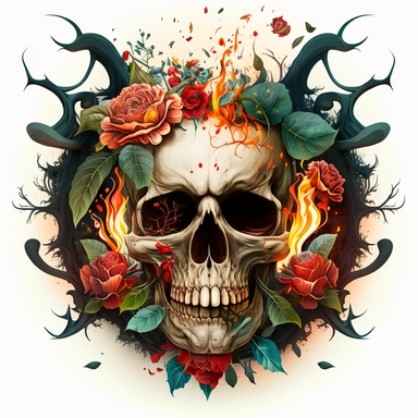 skull with flames coming out of his mouth, surrounded by roses, tempera clipart illustration, vivid images, crisp, smooth, clean, with white background