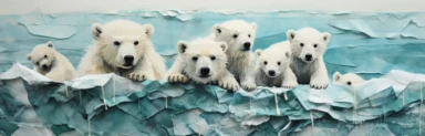 a line of cute miniature polar bear cubs on an iceberg, a collage of mixed media art made with tissue paper, magazine and newspaper clippings, oil paint, graphite pencil lines and fabric, in the style of playful surrealism, whimsical, washi tape