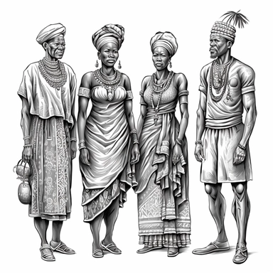 four nigerian villager african male and female village couples standing tall and dignified, coloring page for adults, no color, crisp lines, coloring pages for adults, think lines, clipart, vector, full body, no shading, full body, realistic, 8k, detailed