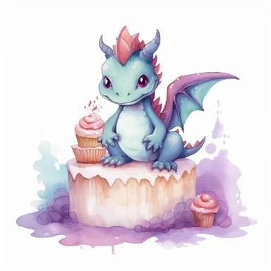 Cute happy Watercolor cake Baby Dragon Clipart, on a white background