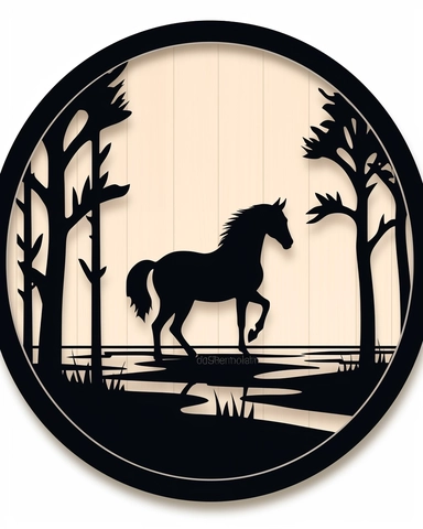 a circle with horse inside it SVG Papercut Template, svg cut files, Silhouette, Clipart Vector, flat black lines on white background, Cricut, in style of foxsister