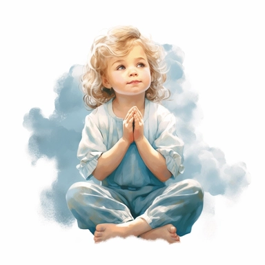 adorable little vintage whimsical girl praying, 3 years old, sitting on a magical cloud, space blue colors, face looking straight, full body, clipart style, accurate details, oil painting technique, super high quality, professional watercolor clipart, high resolution