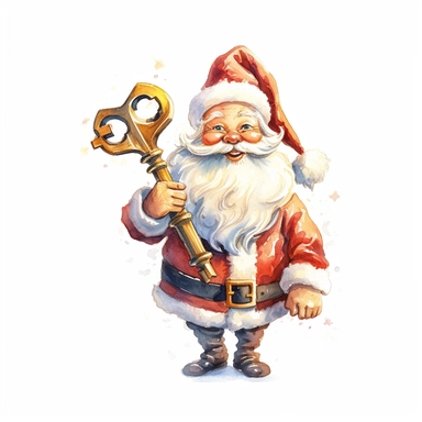 Watercolor whimsical cartoon classic Santa Claus holding up a little sparkling golden key clipart,, digital illustration, detailed, realistic, detailed Pixar Disney style, on white background