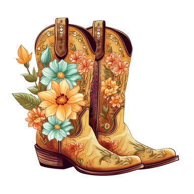 vector art, cowboy boots with cactus and flowers, floral pattern, composition on white background, clipart, 1950s pastel color palette