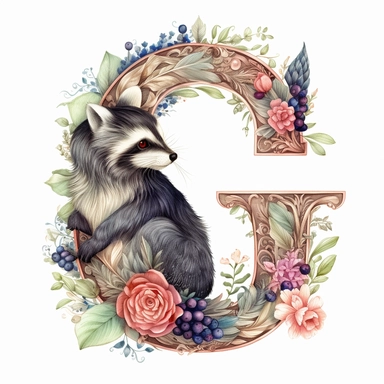 beautiful large ornate victorian alphabet font letter G decorated with victorian flowers with a small cute baby racoon clipart, white background