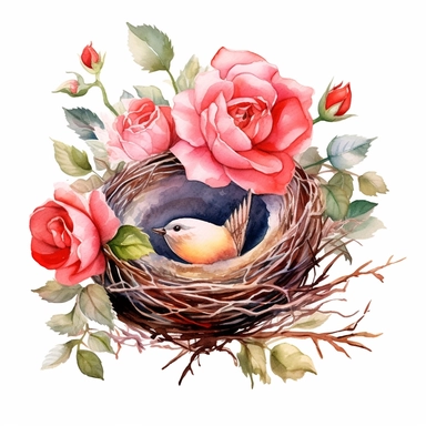Watercolor nest Clipart, springtime, roses,cute, Bird nest, flowers