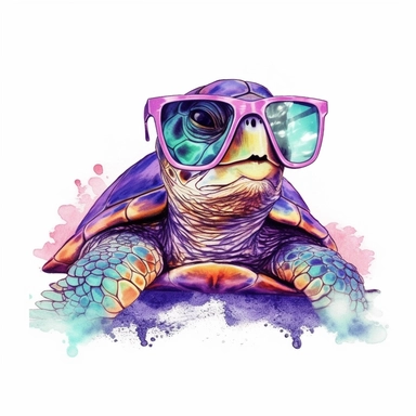 Watercolor Cool Purple Green Retro Big Smiling Beach Sea Turtle Golden Chain Full Black Covered Sunglasses Clipart Sea Life Swimming in Background White Background