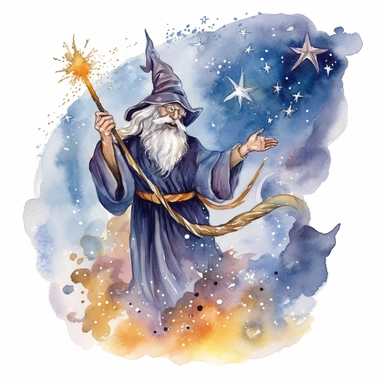 merlin the magician casting a spell with his right hand holding a wand with a small star on its end, surrounded in a cloudy fantasy motif of energy watercolor clipart