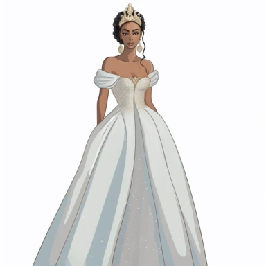 full body beautiful brown melanin 18 year old debutante wearing a white wedding gown, long white gloves and crown on her head with white background.. 300 dpi vector clipart.. character drawn with thick black lines like for a coloring book.. no watermarks.. white background