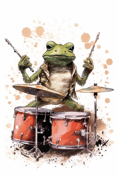 drawing of a funny cute frog rockstar Drummer , white background, clipart, in unicake colors, layered composition, muted color palette, in the style of Ghibli, Pixar, Ukiyo - e, Wabi - sabi,