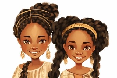 Two beautiful African American child, black chubby cheecks, showing their artistic braided long hair fashioned, slightly smiling, clipart, nouveau style