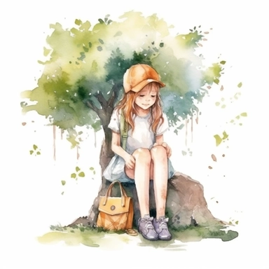 Cute girl sits under a tree, clipart, planner girl clipart, cottagecore, watercolor, standing, separated,