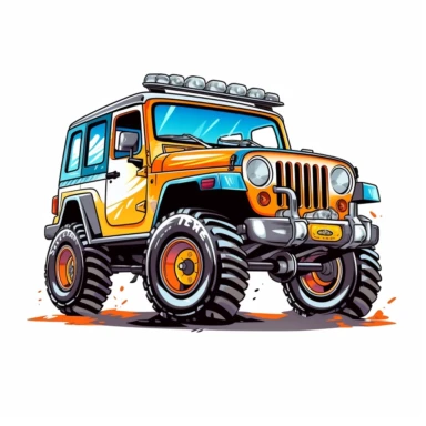 colorful, cartoon style jeep wrangler, clipart, white background
