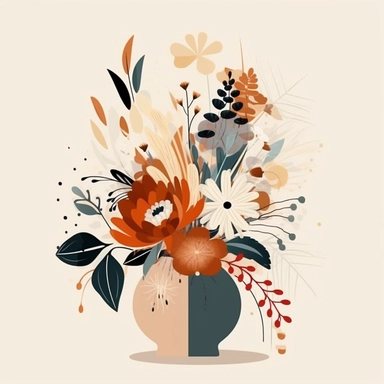 Mid Century Modern Art, Neutral Modern Art, Boho Art of a flower arrangement with Snow in Summer flowers in a vase, Clipart, massive flowers splash, LUSH, flowers splash, full Illustration, ((white background))